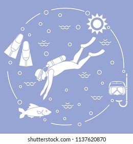 Mask, snorkel, flippers, sun, fish, scuba diver. Sports and recreation theme. Design for banner, poster or print.
