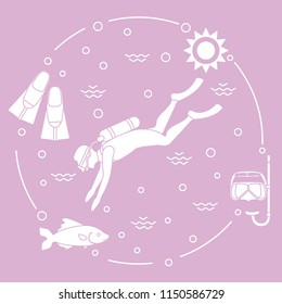 Mask, snorkel, flippers, sun, fish, scuba diver. Sports and recreation theme. Design for banner, poster or print.