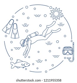 Mask, snorkel, flippers, sun, fish, scuba diver. Sports and recreation theme. Design for banner, poster or print.