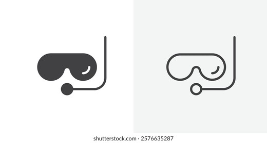 Mask snorkel icon set in black flat solid and outlined style.