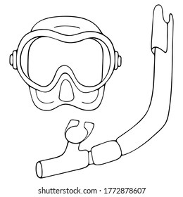 Mask and snorkel for scuba diving. Vector. Outline on an isolated white background. Doodle style. Sketch. Equipment for swimming under the surface of the water. Special device for the diver. Vacation.