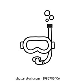 Mask and snorkel for swimming in doodle style. Sketch of goggles for swim in pool. Summer holiday equipment. Hand drawn vector illustration isolated on white background.