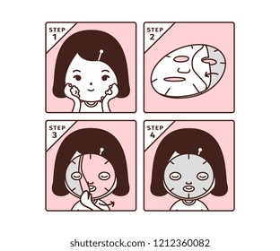 Mask Steps illustration. Steps how to apply facial mask. white background. Woman take care about face. Process of cleansing the face. Skin care. How to apply facial sheet mask. 