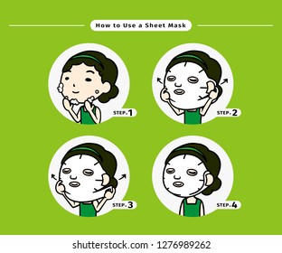 Mask Steps illustration. Steps how to apply facial mask. white background. Woman take care about face. Process of cleansing the face. Skin care. How to apply facial sheet mask. 