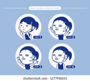 Mask Steps illustration. Steps how to apply facial mask. white background. Woman take care about face. Process of cleansing the face. Skin care. How to apply facial sheet mask.