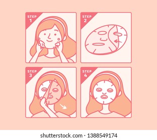 Mask Steps illustration. Steps how to apply facial mask. white background. Woman take care about face. Process of cleansing the face. Skin care. How to apply facial sheet mask.
