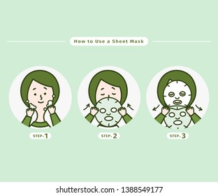 Mask Steps illustration. Steps how to apply facial mask. white background. Woman take care about face. Process of cleansing the face. Skin care. How to apply facial sheet mask.