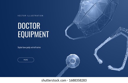 Mask and stethoscope. Low poly wireframe style. Concept of health-care, doctors and medicine. Polygonal abstract isolated on blue background. Vector illustration