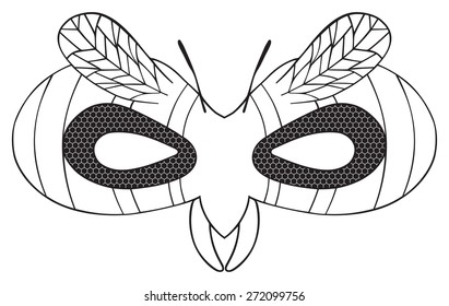 Mask of Striped wasp with black facet eyes and wings on white background in the Happy holiday collection