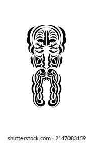 Mask in the style of the ancient tribes. Black tattoo patterns. Isolated. Vector illustration.