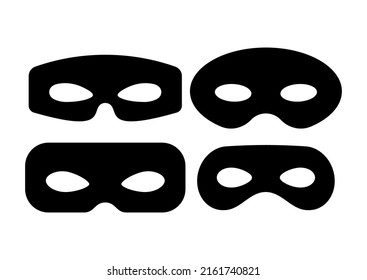 Mask superhero or carnival bandit  burgar vector icon set. Black masquerade costume eye mask silhouette hidden villain scammer face. Simple design theater artist masque shape clip art illustration.