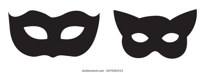 Mask superhero carnival villain or burgar vector icon set. Black masquerade costume eye mask silhouette hidden person face. Simple design incognito party masque shape template illustration.