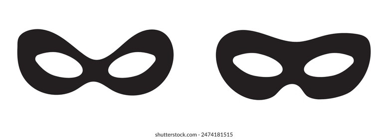 Mask superhero carnival villain or burgar vector icon set. Black masquerade costume eye mask silhouette hidden person face. Simple design incognito party masque shape template illustration.