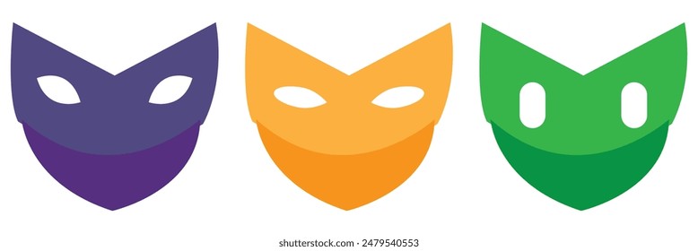 Mask superhero carnival villain or burgar vector icon set. Black masquerade costume eye mask silhouette hidden person face. Simple design incognito party masque shape template illustration.