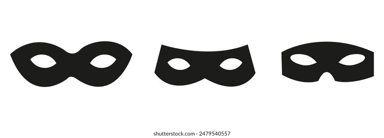 Mask superhero carnival villain or burgar vector icon set. Black masquerade costume eye mask silhouette hidden person face. Simple design incognito party masque shape template illustration.