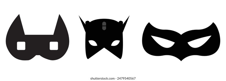 Mask superhero carnival villain or burgar vector icon set. Black masquerade costume eye mask silhouette hidden person face. Simple design incognito party masque shape template illustration.