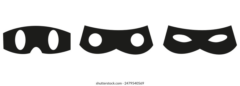 Mask superhero carnival villain or burgar vector icon set. Black masquerade costume eye mask silhouette hidden person face. Simple design incognito party masque shape template illustration.