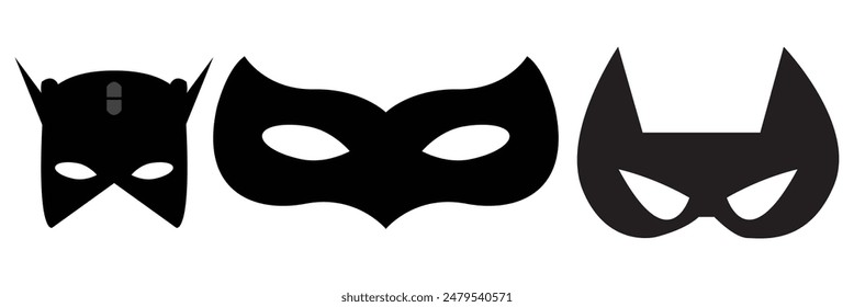 Mask superhero carnival villain or burgar vector icon set. Black masquerade costume eye mask silhouette hidden person face. Simple design incognito party masque shape template illustration.