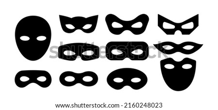 Mask superhero carnival villain or burgar vector icon set. Black masquerade costume eye mask silhouette hidden person face. Simple design incognito party masque shape template illustration.