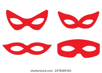 Mask superhero carnival villain or burglar vector icon set. Collection of Black outline flat red masquerade costume eye mask silhouette hidden face. Incognito theatre party masque shape clip art.