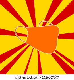 Símbolo de máscara en un fondo de líneas radiales de explosión de flash rojo. El gran símbolo naranja se encuentra en el centro del sol, simbolizando la salida del sol. Ilustración del vector sobre fondo amarillo