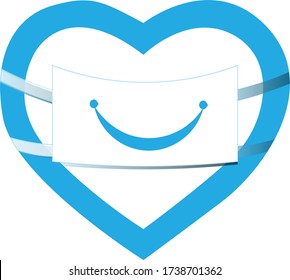 Mask Symbol. Mask Sign. Wear Mask Sign. Heart, Mask Sticker Symbol Vector. Light Blue Background.