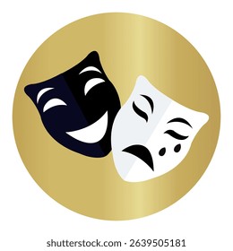 Mask, theater masks on a gold background, tragedy mask, comedy mask, sample, graphic element, art, theater