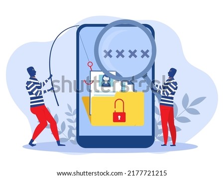 Mask Theft of personal phishing data on mobile; stealing personal data. Criminal spy phone; identity theft scenes set; Cybercriminals phishing; flat vector illustration