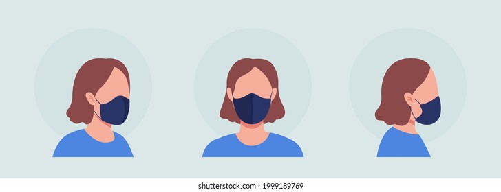 Máscara con corbatas de color semiplano conjunto de avatares de carácter vectorial. Retrato con respirador desde la vista frontal y lateral. Ilustración de estilo de dibujos animados modernos aislados para el diseño gráfico y el paquete de animación