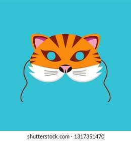 Mask of tiger animal for kids birthday or costume party vector illustrations. Cute cartoon head of wild tiger for photo booth printable icons 