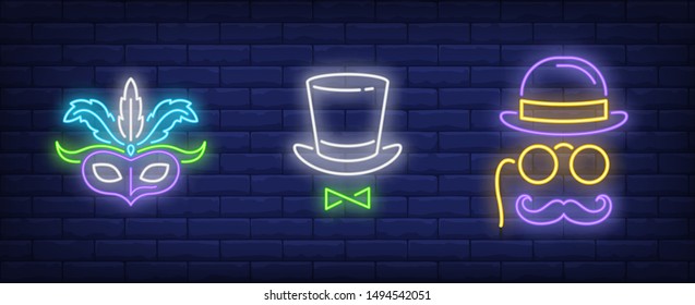 Maske, Oberhut, Pince-Nez und Schnurrbart Neonschilder setzen. Karneval, Spaß, Party, Maskendesign. Nachtschwärmer-Neonzeichen, bunter Plakatwand, heller Banner. Vektorillustration im Neonstil.