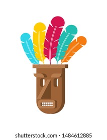 Mask totem isolated. tribal idol god. Wooden mask with colored feathers. vector illustration