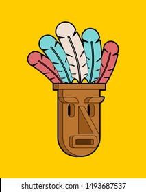 Mask totem isolated. tribal idol god. Wooden mask with colored feathers. vector illustration