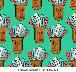 Mask totem pattern seamless. tribal idol god background . Wooden mask with colored feathers. vector texture