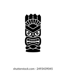 Die Maske ist ein Totem des Tiki-Stammes. Vektorillustration einer Schwarz-Weiß-Silhouetten-Skulptur mit bedrohlichem Gesichtsausdruck und Zähnen auf weißem Hintergrund