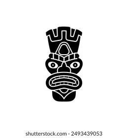 The mask is a totem of the Tiki tribe. Vector illustration of a black and white silhouette of a sculpture with a scared expression on a white background