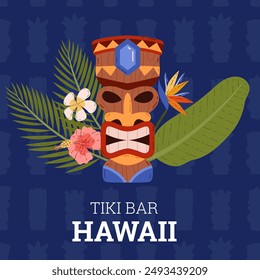 The mask is a totem of the Tiki tribe. Vector illustrations of wooden idol face with decoration of leaves and flowers with a pattern of silhouettes of sculptures
