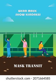 Mask transit theme illustrates people wearing mask in transport and maintains social distance. This is also a kindness. Use this vector to raise social awareness in your flyer banner etc.