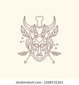 mask tribe culture wood forest nature leaves bones horn arrows line minimal logo design vector