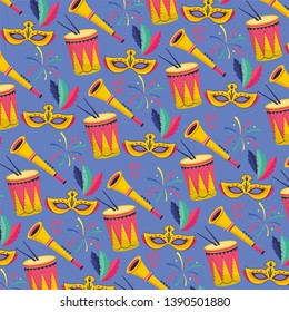mask with trumpet and drum with feathers background