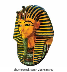 Mask of Tutankhamun vector picture. Tutankhamun watercolor. Pharaoh hand drawn. Egypt style illustration. Cartoon pharaon. Museum exponate. Clipart for logo, design and decoration.