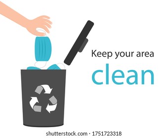 Mask Utilisation. Instruction How To Recycle Old Medical Mask. Keep Your Area Clean. Hand Throwing Used Mask Into Trash Bin. Face Masks In Waste Container. Utilization After Coronavirus. Vector EPS 10