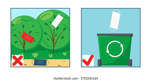 Mask utilization. Instruction recycle old face medical mask. Dirty street, disposal container.