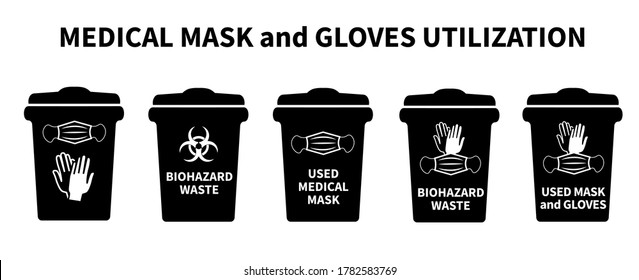 Mask utilization. Medical mask dispose. How to recycle old protective medical mask right. Biohazard infectious waste. Trash bin icon. Throwing face mask into rubbish. Covid waste. Vector illustration.