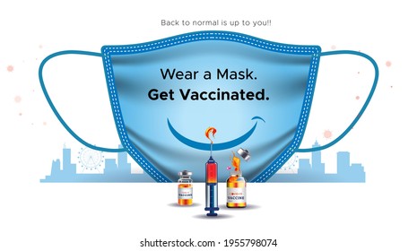 Mask. Vaccine. medical Mask. 3 Layers. social distancing concept. People employees wear a mask. workplace, market, city skyline, corporate office. And protection guideline from Corona virus covid 19