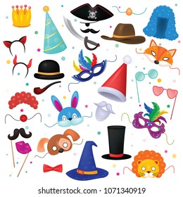 Mask vector kids carnival costume hat for children masquerade party and cartoon animal masks illustration set of masked child and headwear for birthday celebration isolated on white background