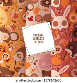 Mask vector seamless pattern kids carnival costume hat cartoon animal masks for masquerade party illustration set of backdrop animalistic masked child headwear for birthday celebration background.