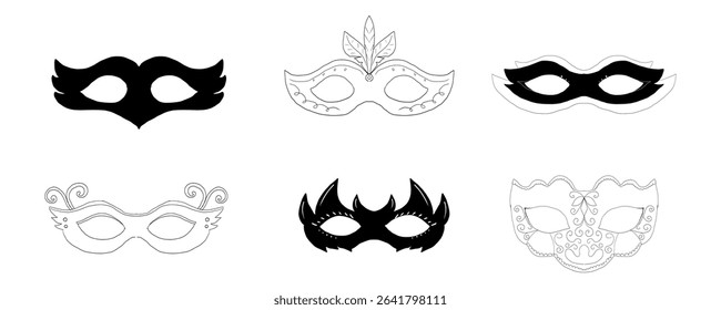 Mask vintage silhouette carnival masque, face mystery costume for ball, party or masquerade. Set simple costume.