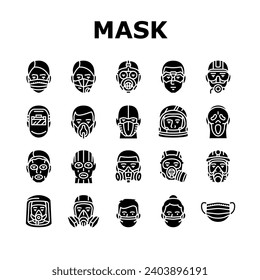 mask virus face safety icons set vector. health medical, surgical doctor, coronavirus, worker care, equipment, flu filter mask virus face safety glyph pictogram Illustrations