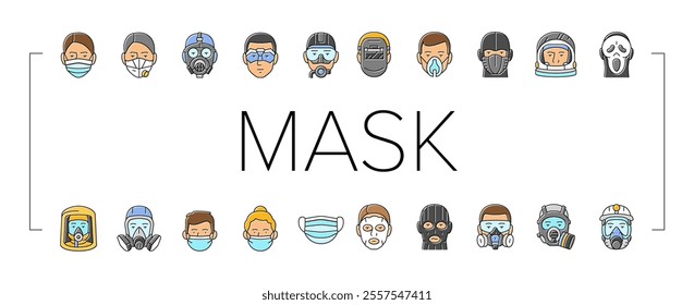 mask virus face safety icons set vector. health medical, surgical doctor, coronavirus, worker care, equipment, flu filter mask virus face safety color line illustrations